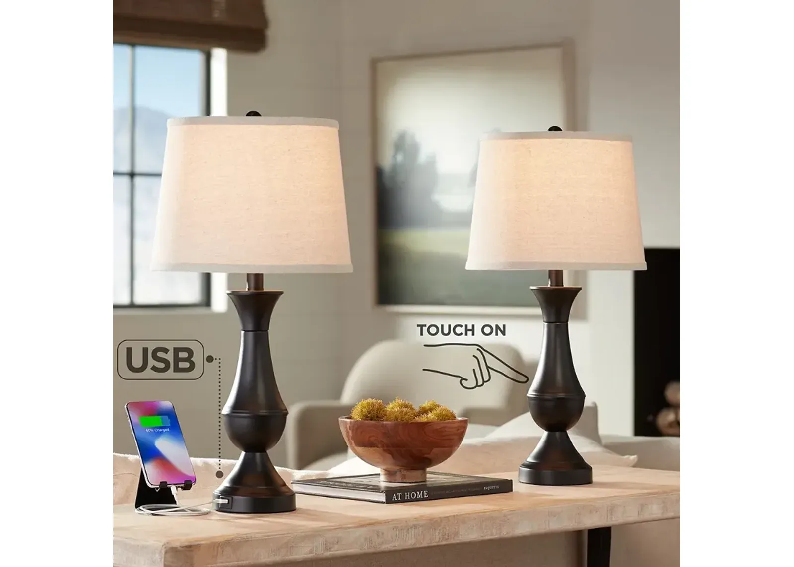 Regency Hill Blakely 25" Bronze LED USB Touch Table Lamps Set of 2