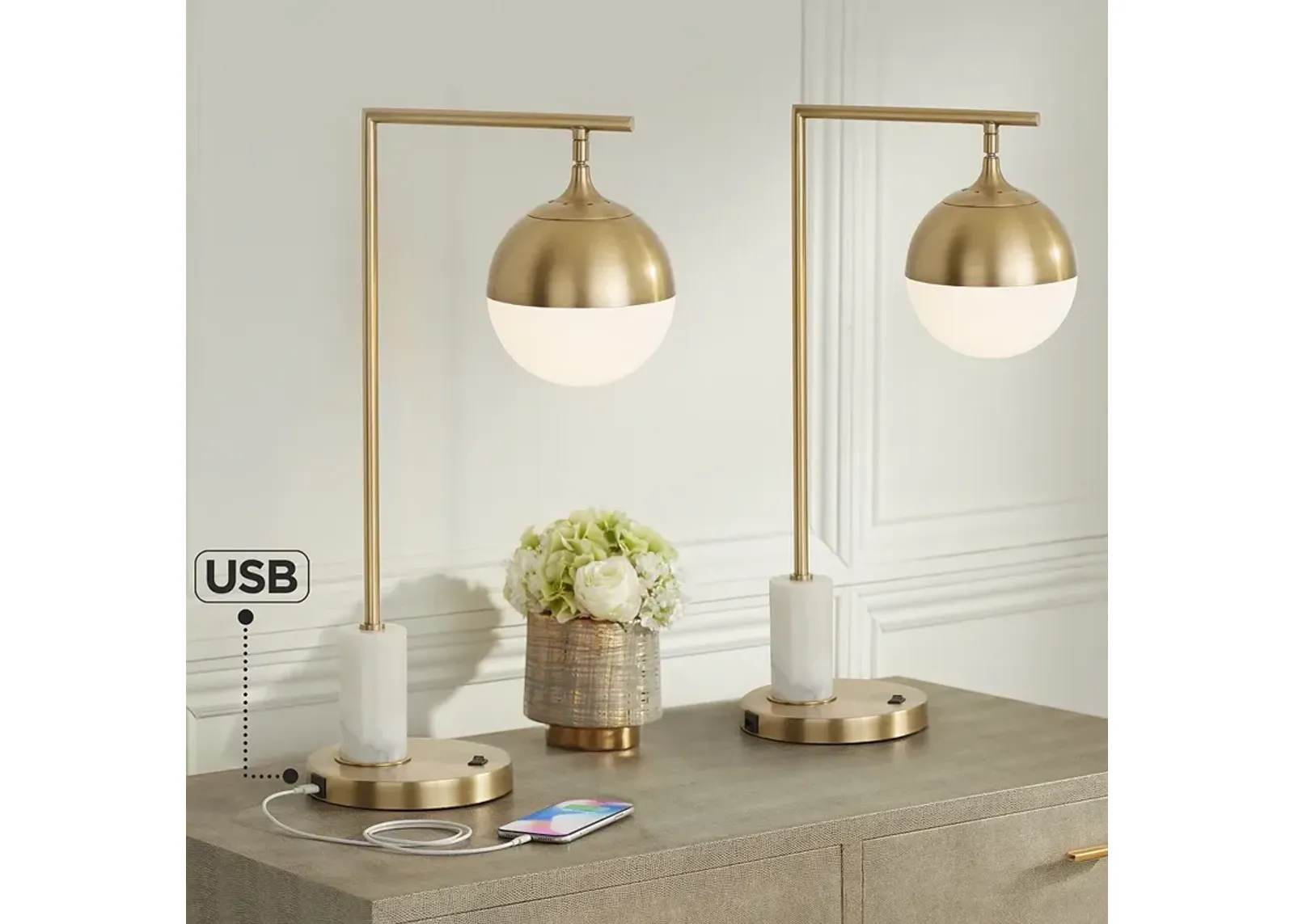 Possini Euro Luna Antique Brass USB Desk Lamps Set of 2