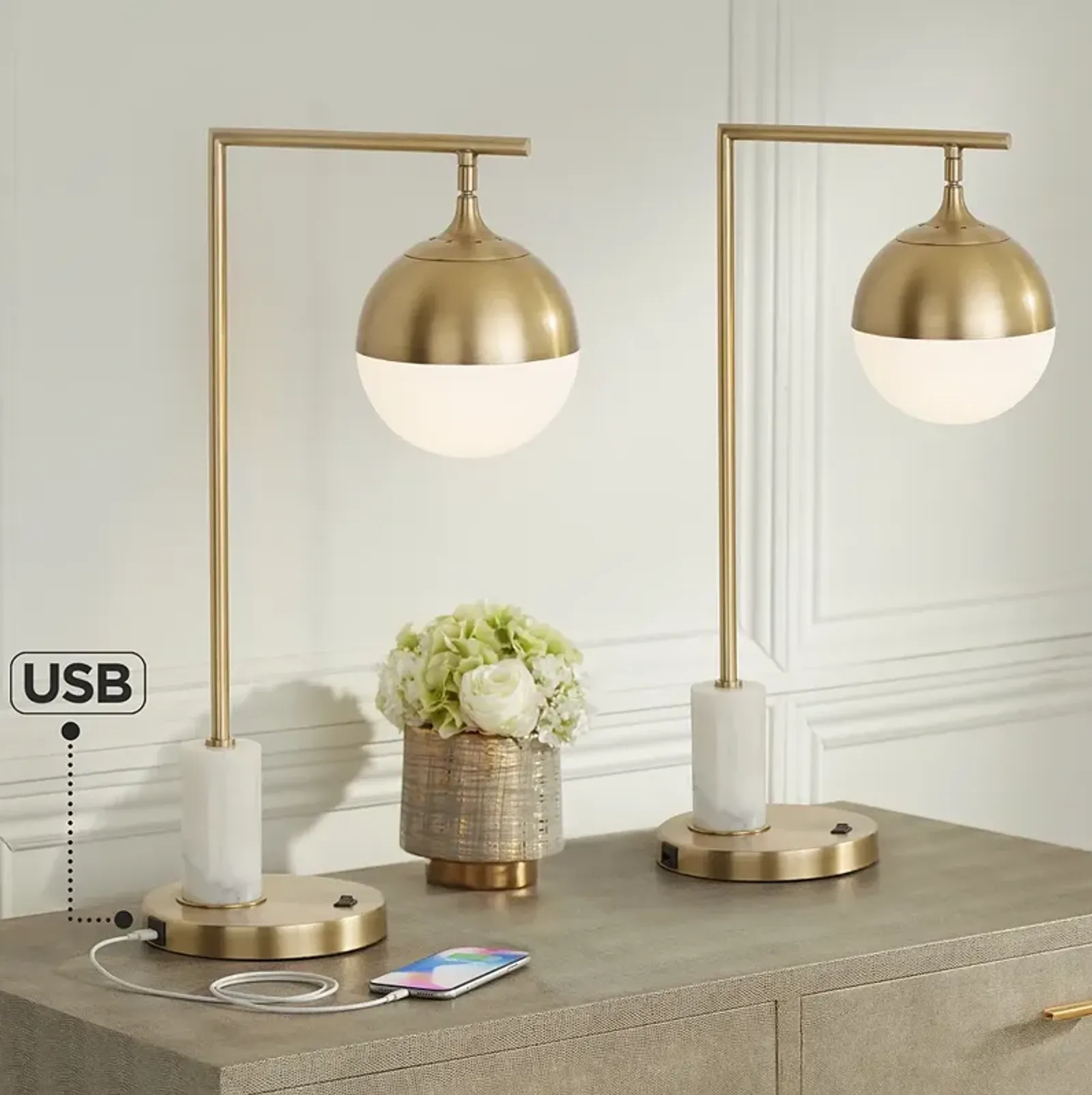 Possini Euro Luna Antique Brass USB Desk Lamps Set of 2