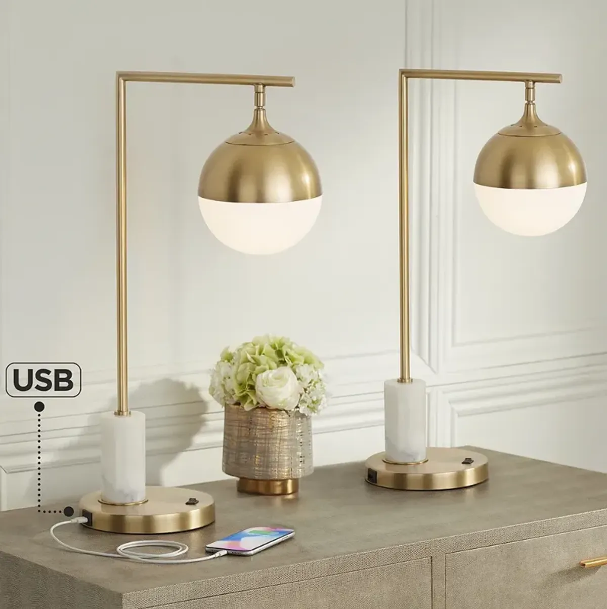 Possini Euro Luna Antique Brass USB Desk Lamps Set of 2