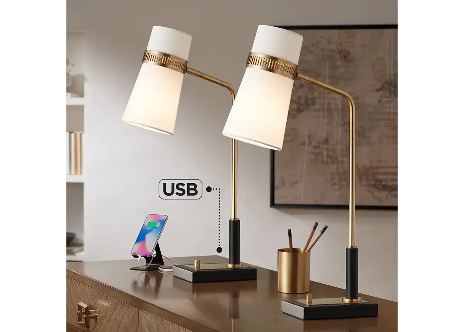 Possini Euro Cartwright 32" Brass Black USB Desk Lamps Set of 2