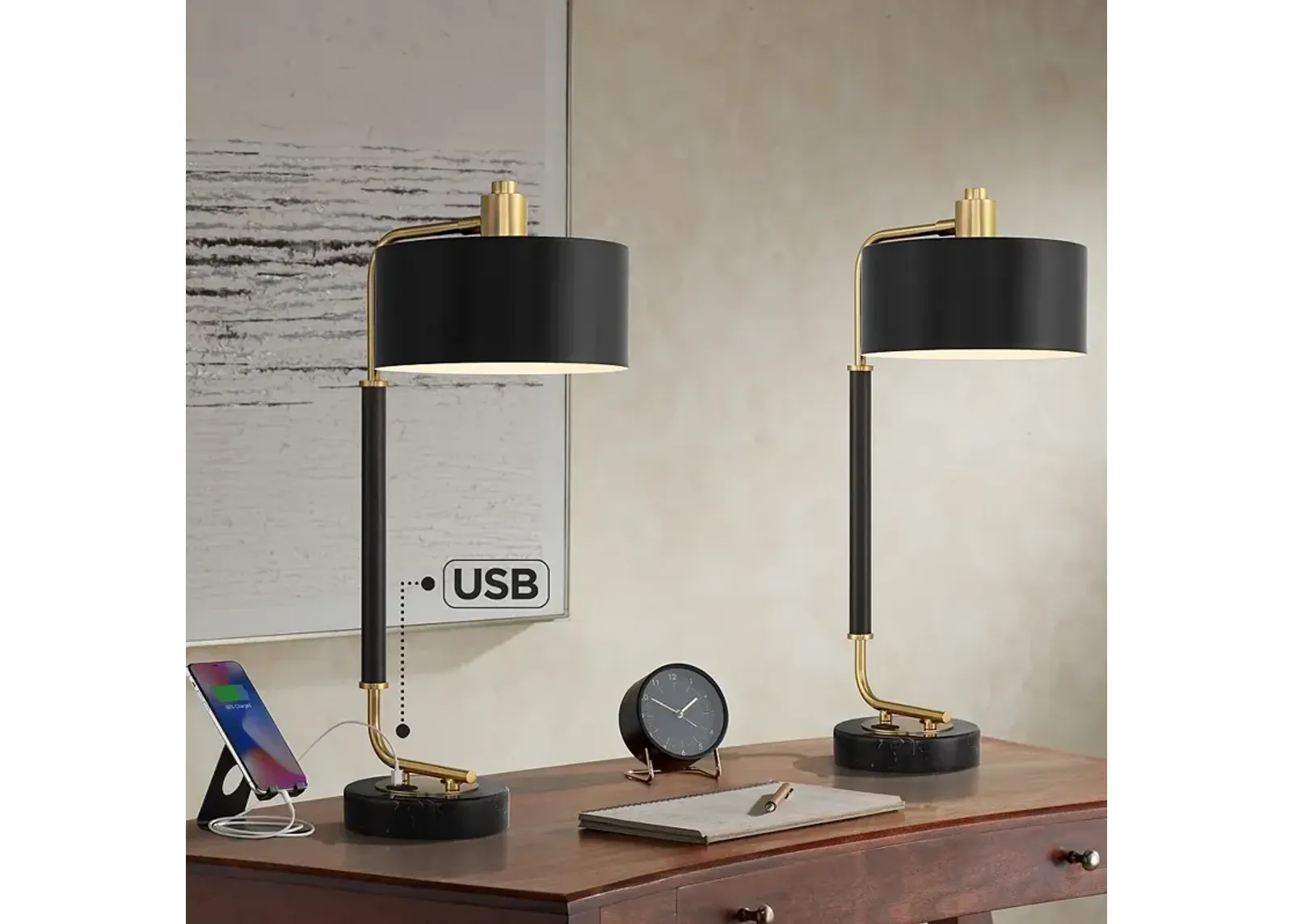 Possini Euro Myles 24" Black Gold Dual USB Desk Lamps Set of 2