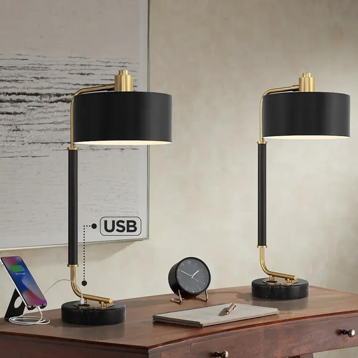 Possini Euro Myles 24" Black Gold Dual USB Desk Lamps Set of 2