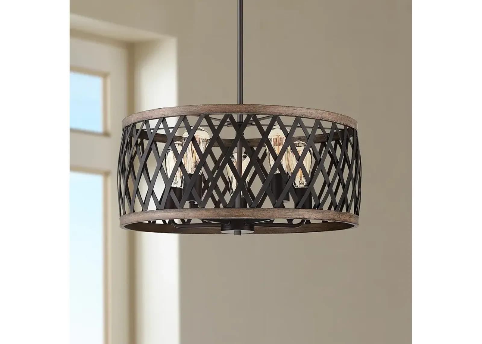 Franklin Iron Works Aruba 20" Woodgrain Bronze 5-Light Drum Pendant