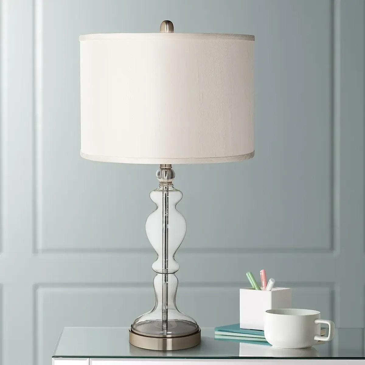 Possini Euro 28" Cream Faux Silk Shade Apothecary Glass Table Lamp