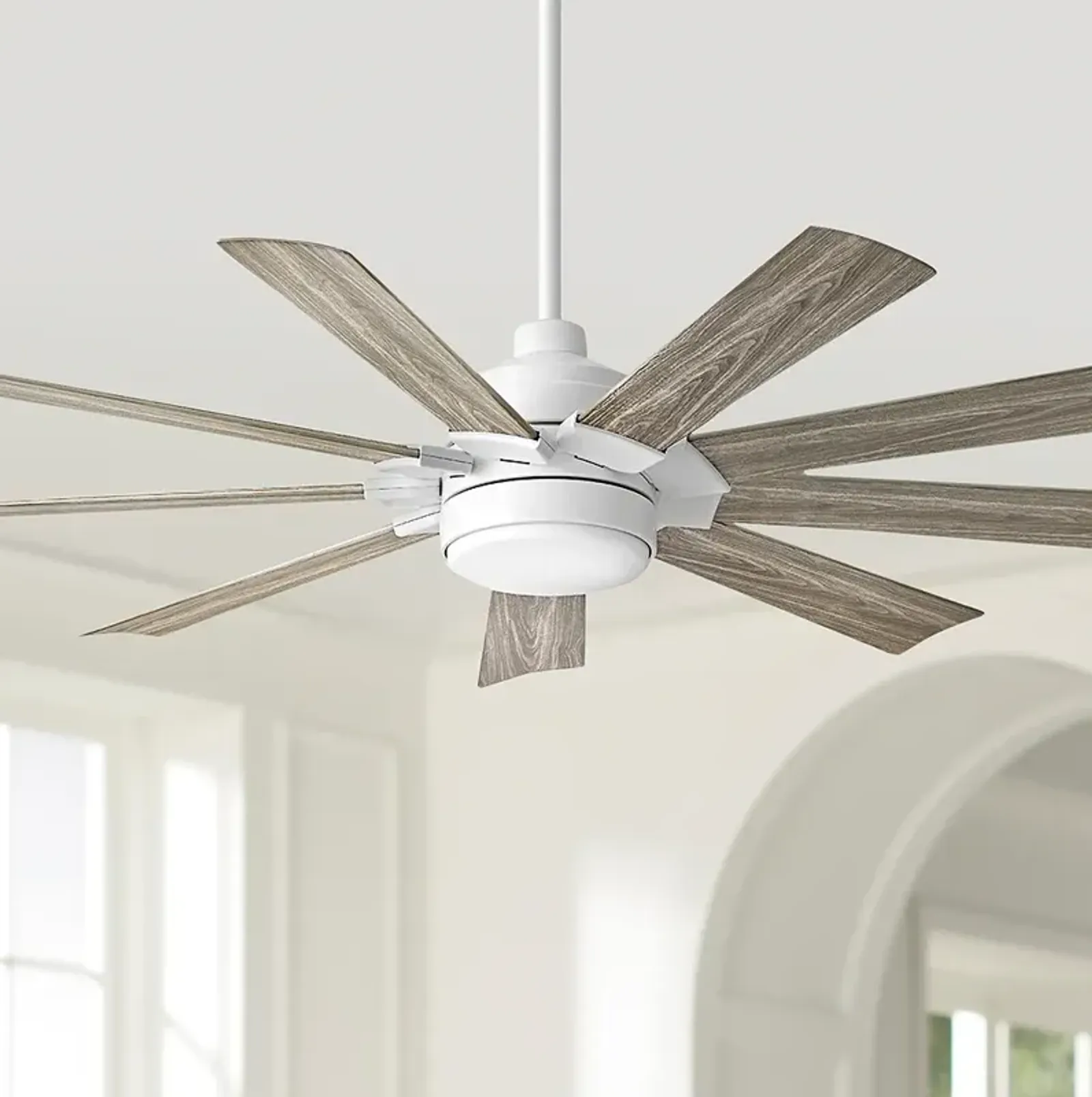 60" Hinkley Turbine LED Wet Rated 9-Blade White Rustic Wood Smart Fan