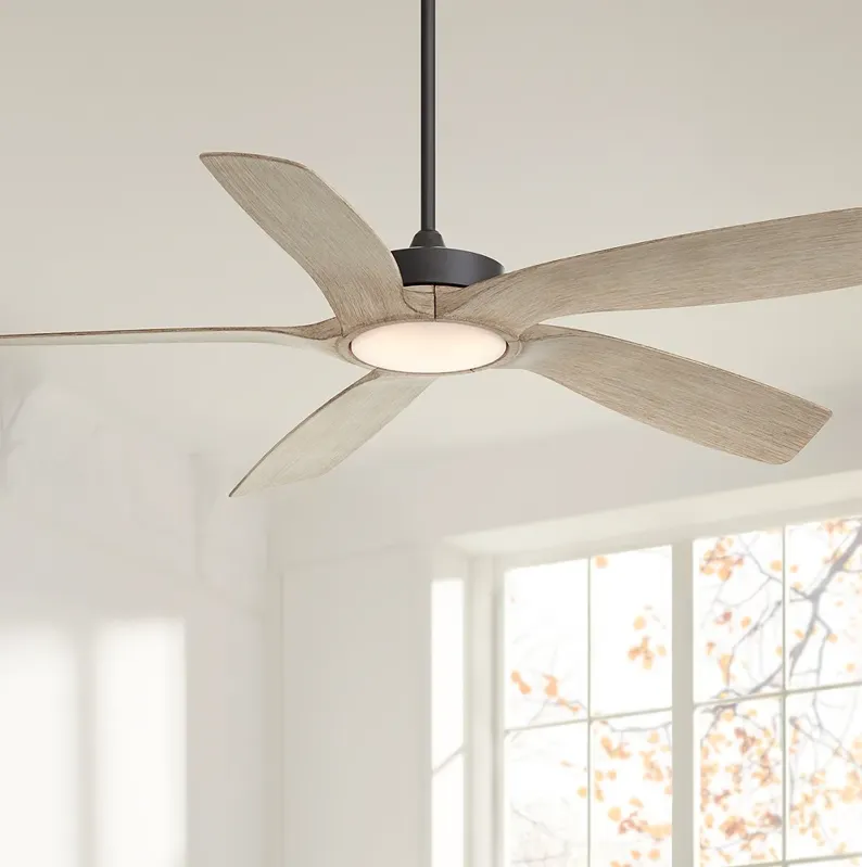 56" Mach 5 Black and Distressed White Oak LED Damp Fan with Remote