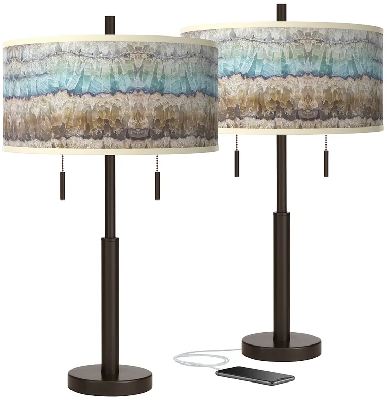 Marble Jewel Robbie Bronze Giclee Glow USB Table Lamps Set of 2