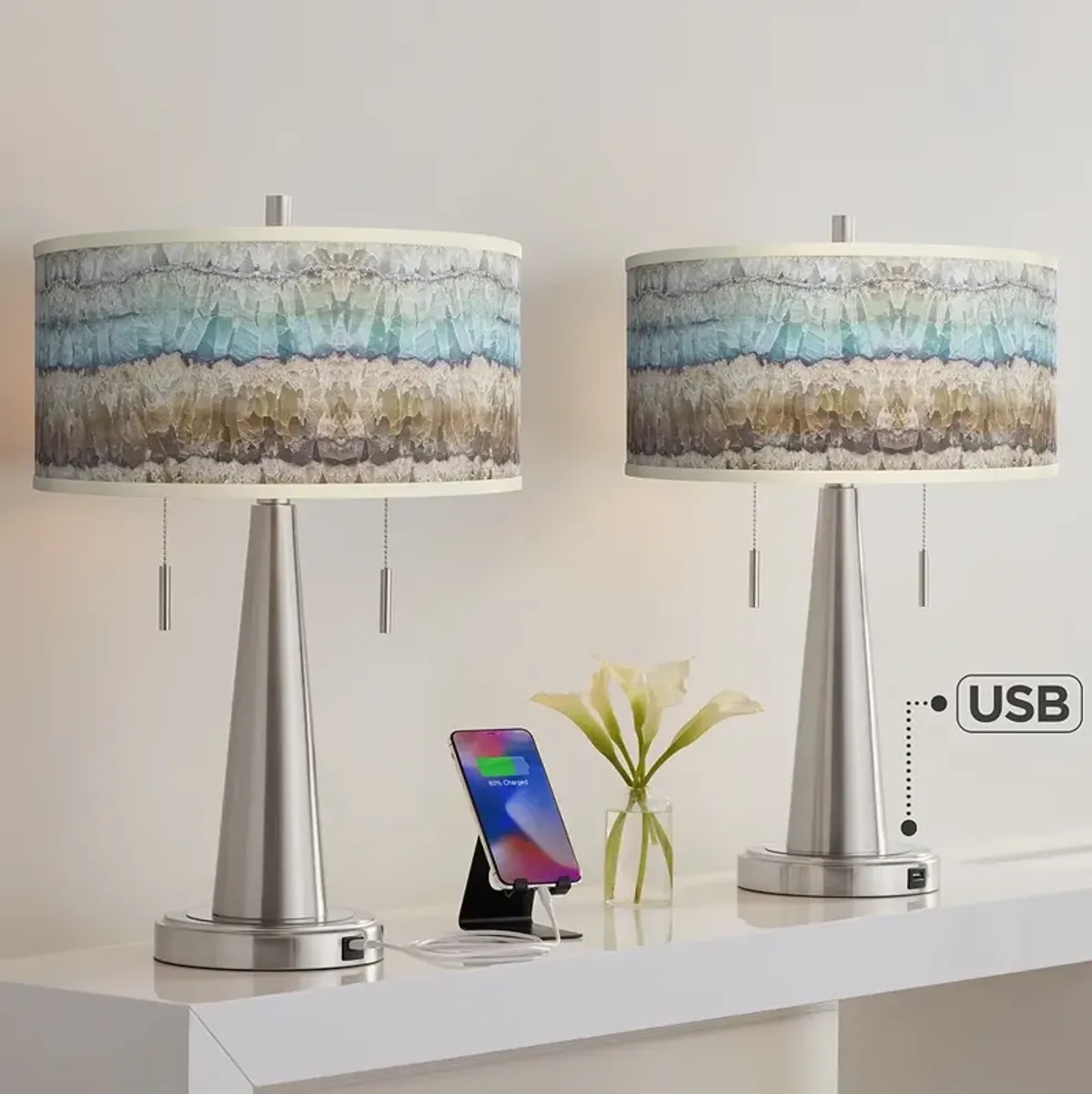 Giclee Glow 23" Marble Jewel Shade Brushed Nickel USB Lamps Set of 2