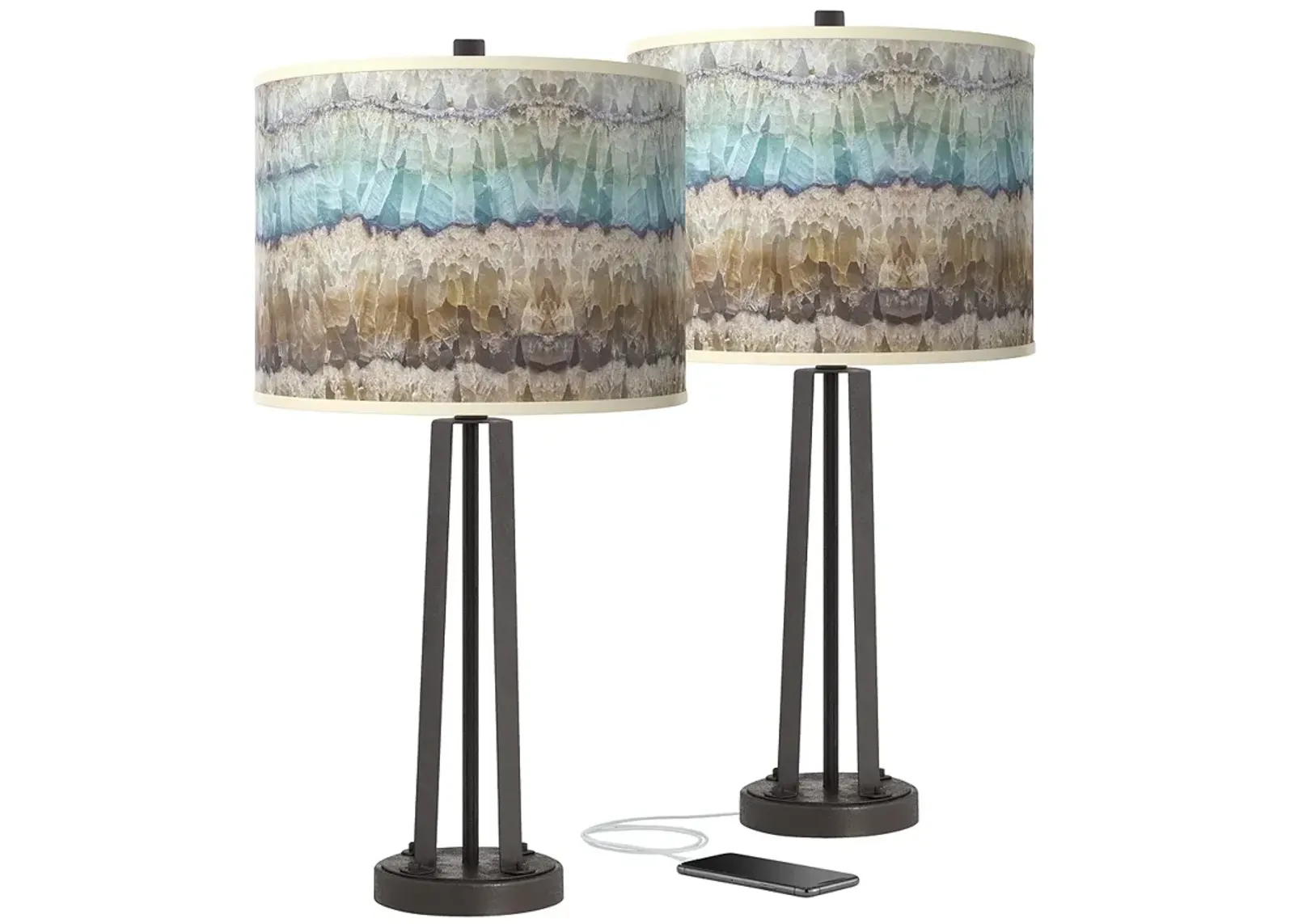 Marble Jewel Giclee Glow Dark Bronze Modern USB Table Lamps Set of 2