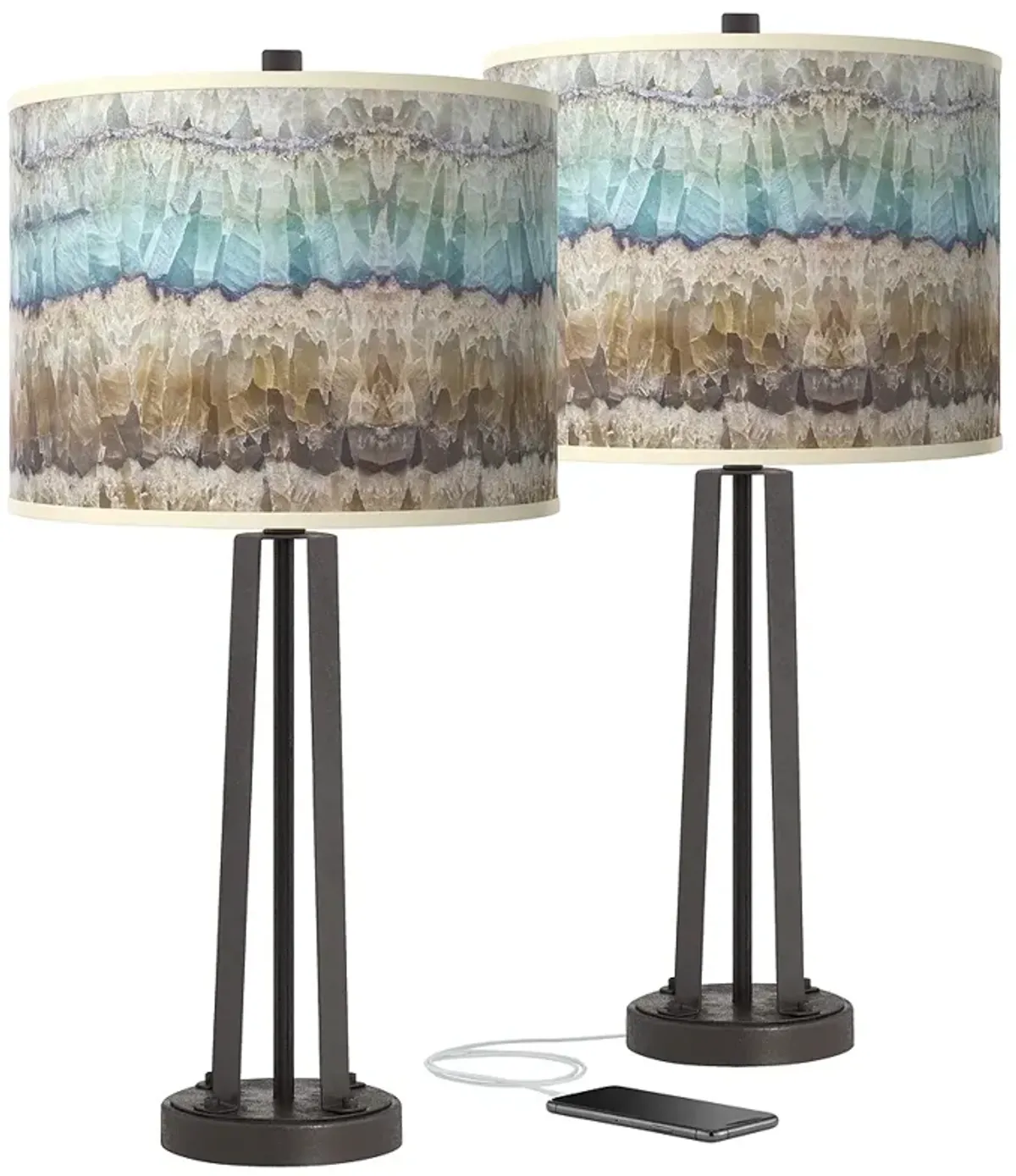 Marble Jewel Giclee Glow Dark Bronze Modern USB Table Lamps Set of 2