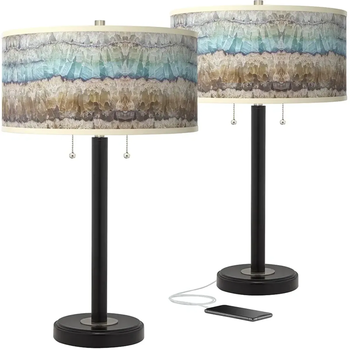 Giclee Glow 25" Marble Jewel Black Bronze USB Table Lamps Set of 2