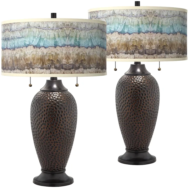 Marble Jewel Giclee Glow Hammered Bronze Table Lamps Set of 2