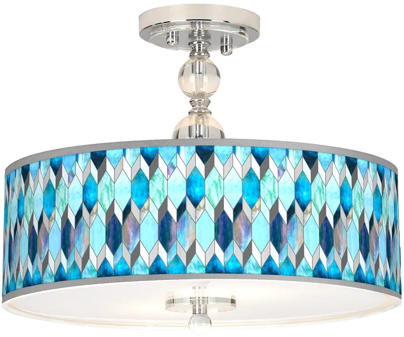 Blue Tiffany-Style Giclee 16" Wide Semi-Flush Ceiling Light