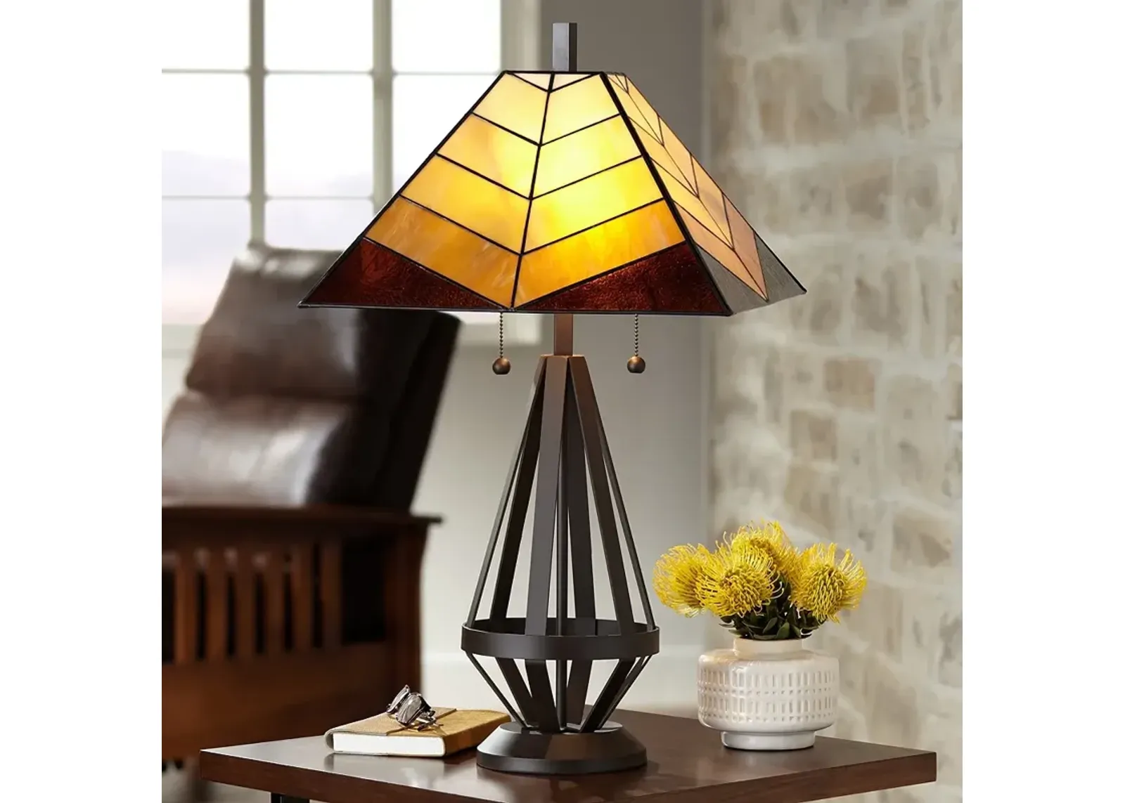 Pacific Coast Lighting Tiffany-Style Amber Glass Pull Chain Table Lamp