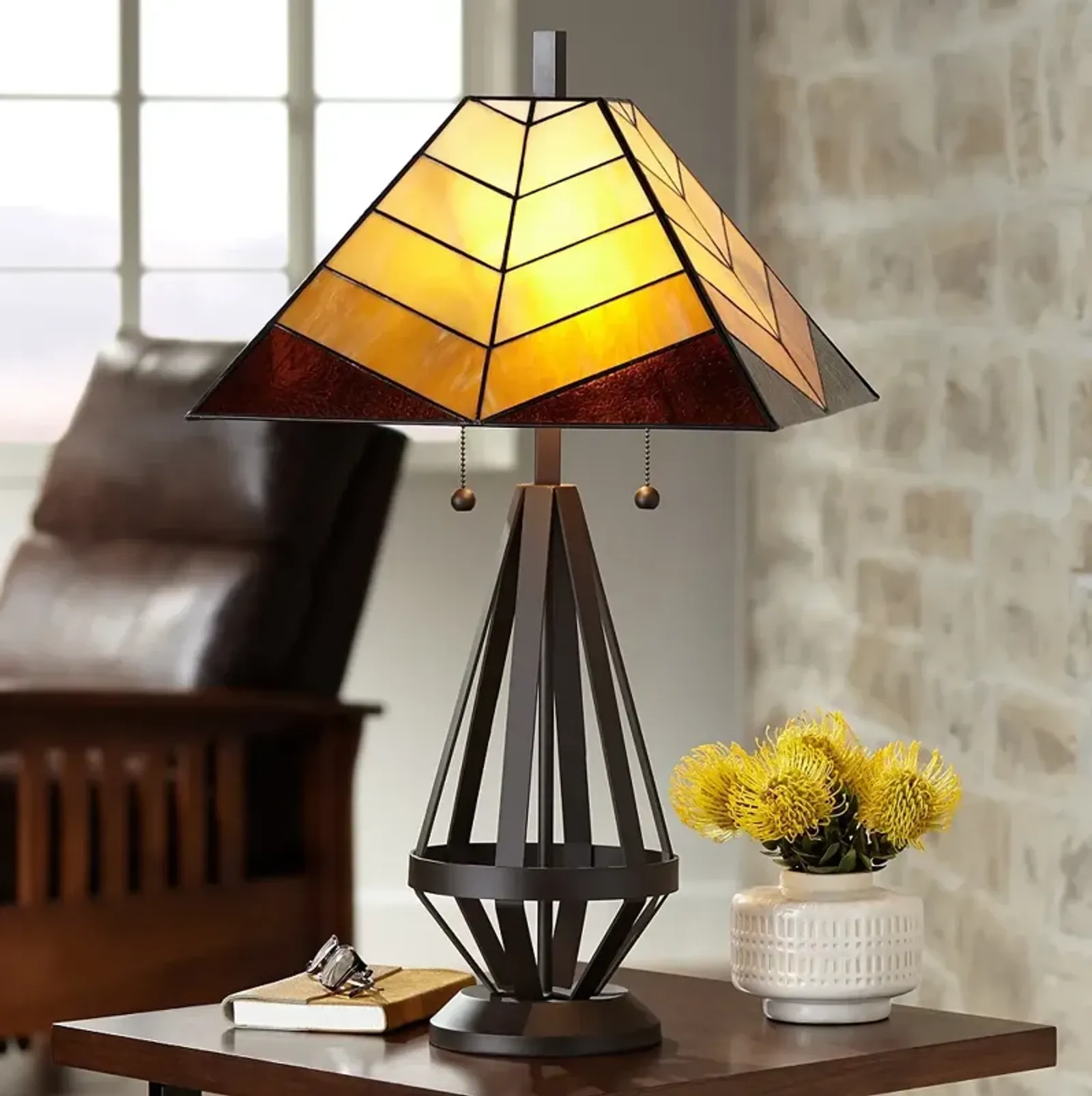 Pacific Coast Lighting Tiffany-Style Amber Glass Pull Chain Table Lamp