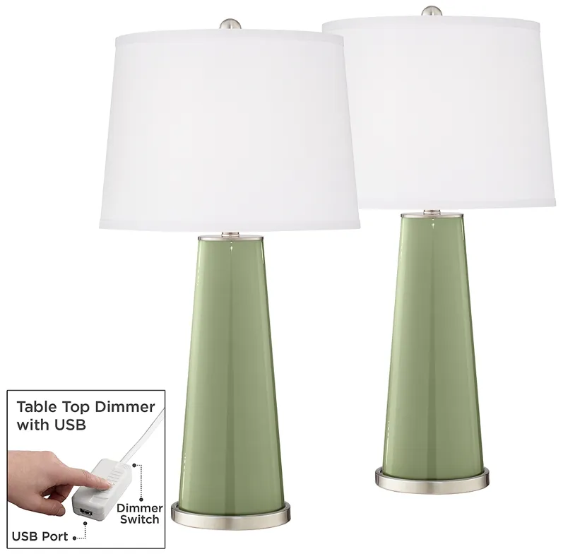Majolica Green Leo Table Lamp Set of 2 with Dimmers