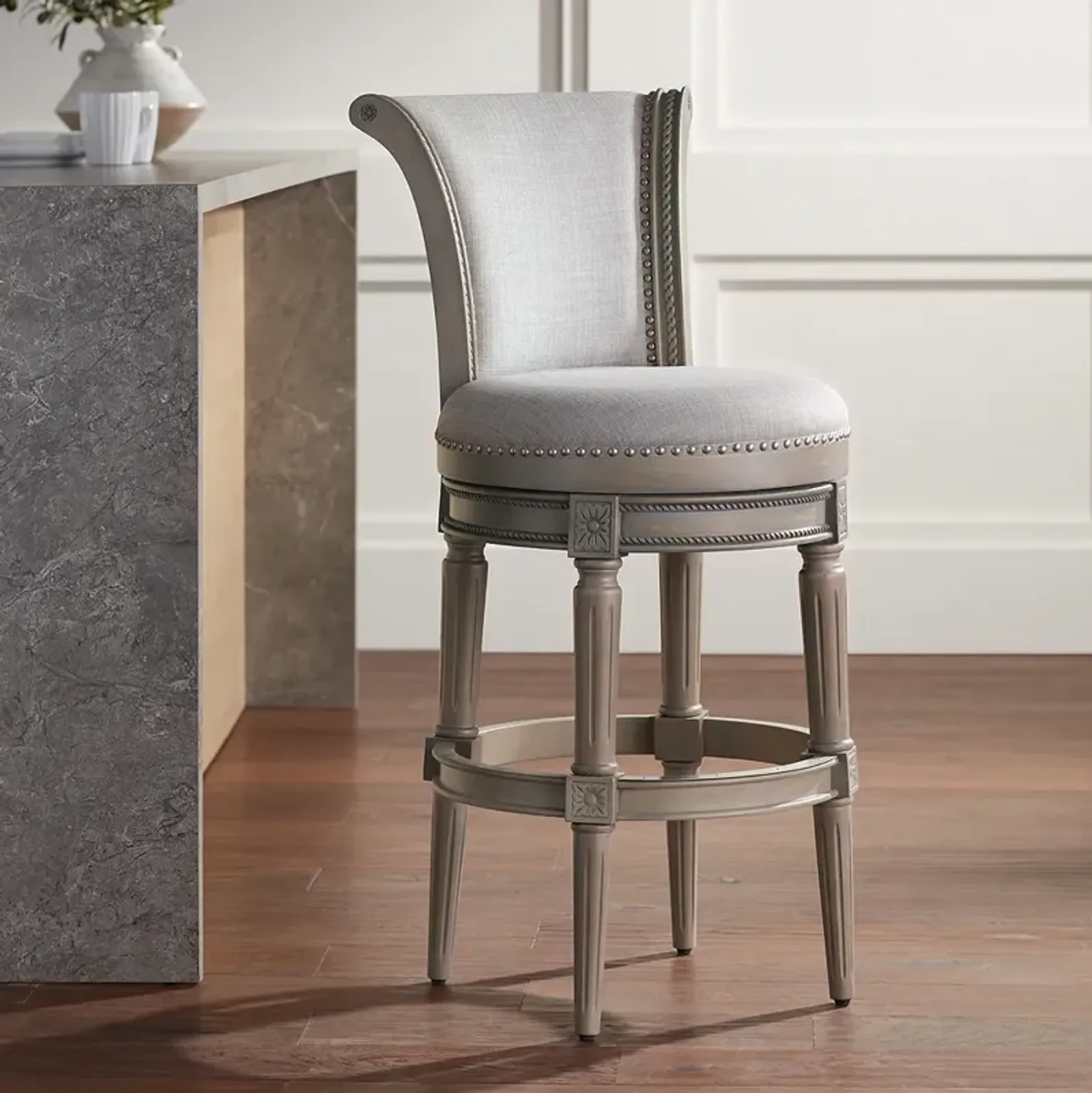 Oliver 30 3/4" High Ash Gray Fabric Scroll Back Swivel Bar Stool