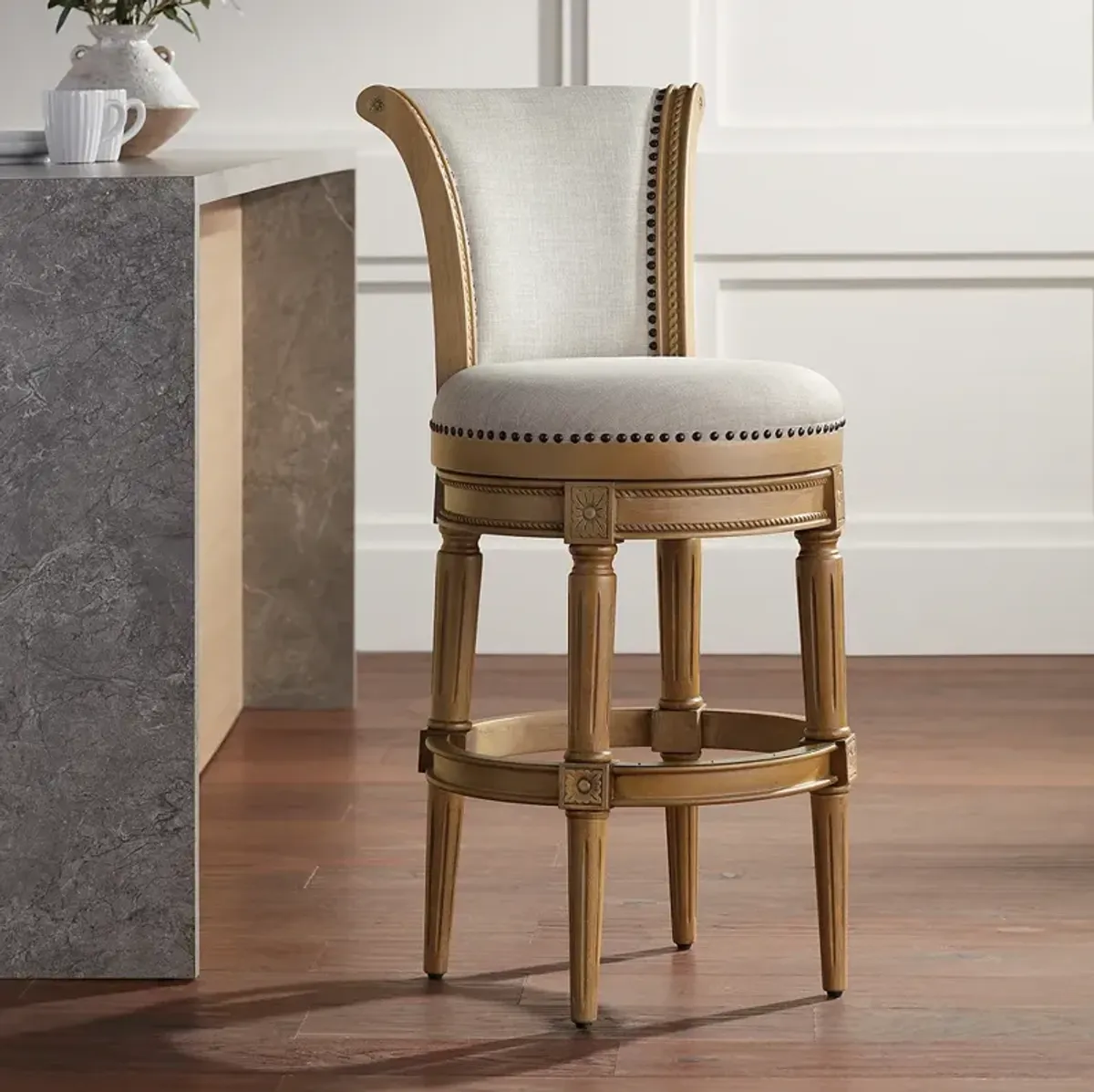 Oliver 30 1/2" High Sand Fabric Scroll Back Swivel Bar Stool