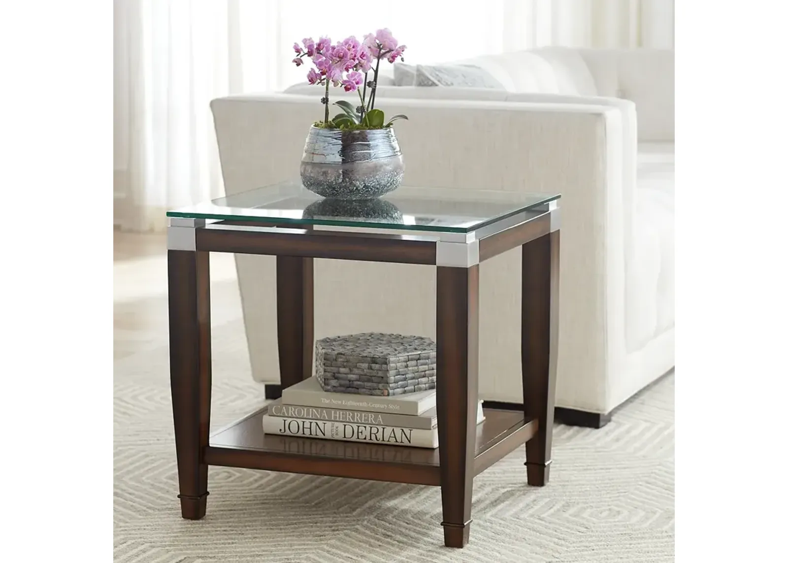 Barrett 24" Wide Brown Oak and Clear Glass End Table