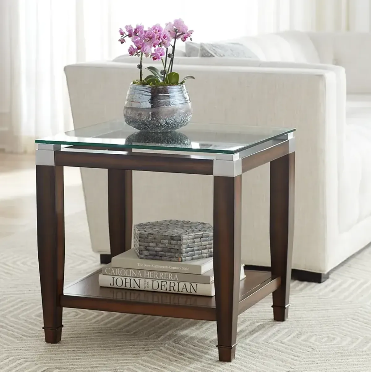 Barrett 24" Wide Brown Oak and Clear Glass End Table