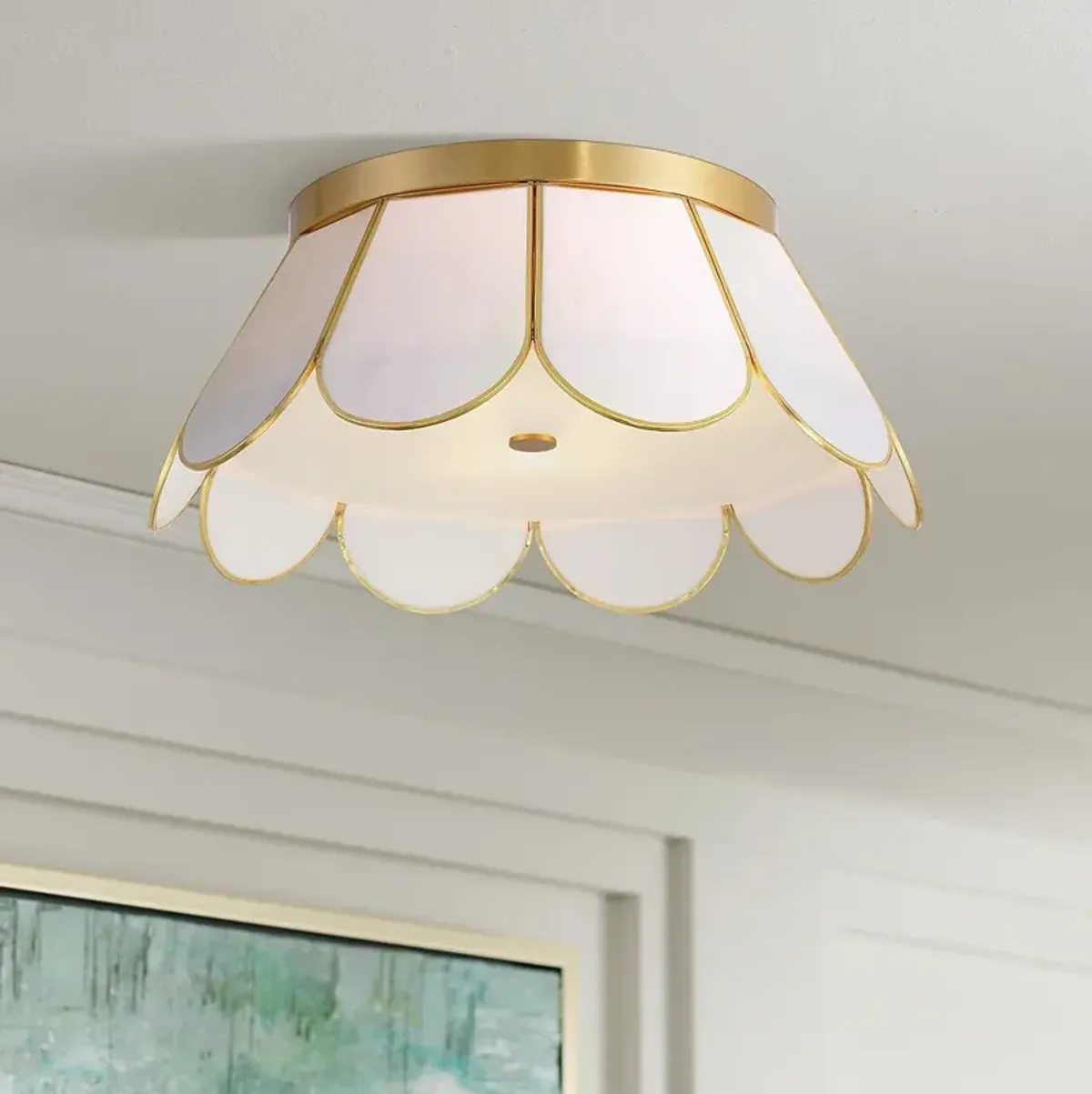 Eldridge 15 3/4" Wide Warm Brass and Seashell Ceiling Light