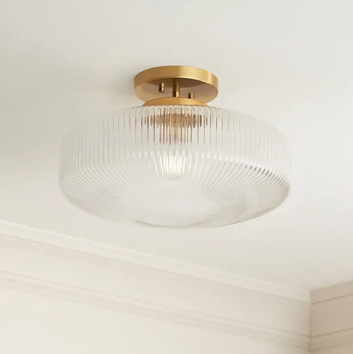 Brianna 16" Wide Warm Brass Ceiling Light with Ribbed Glass