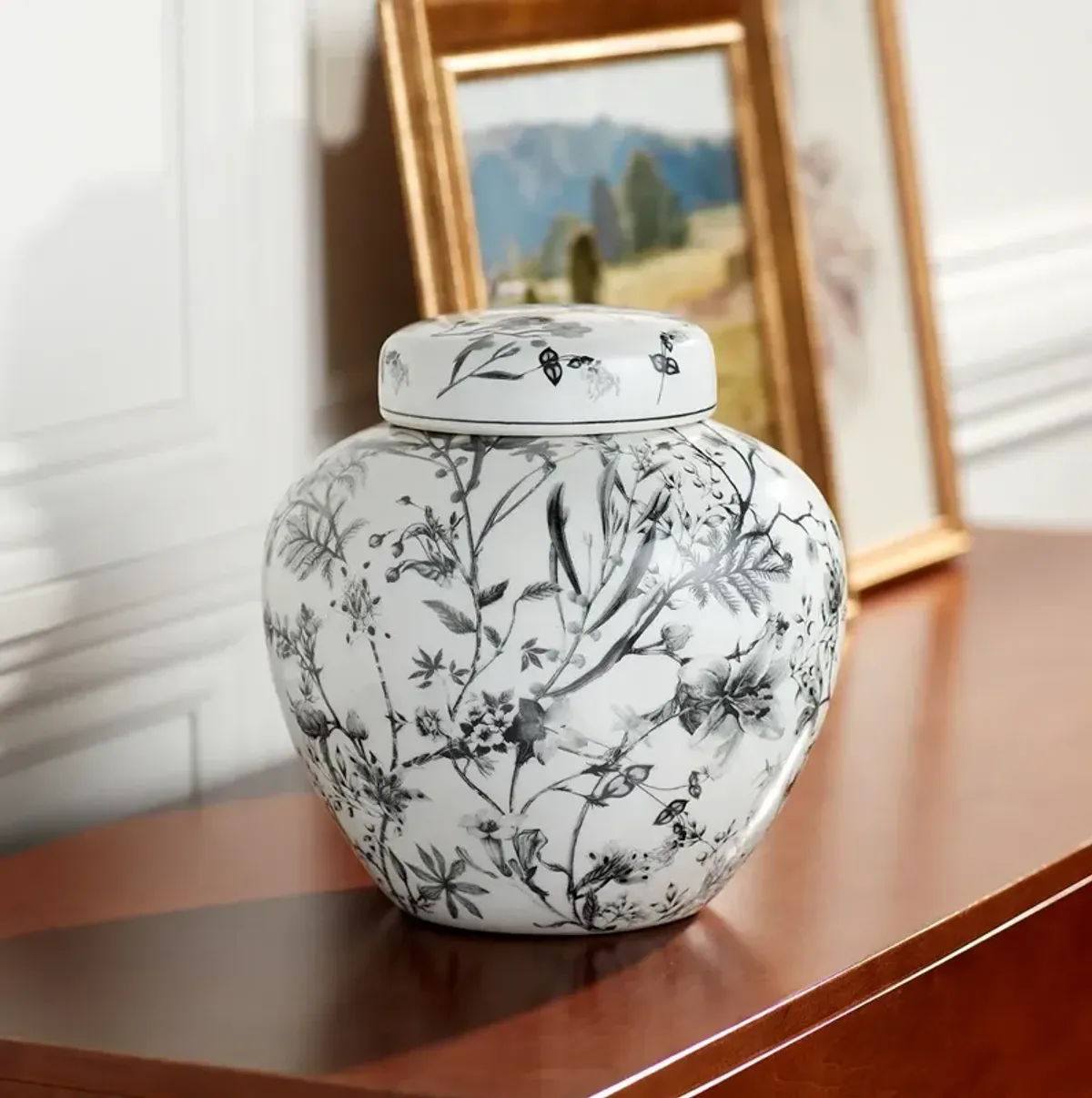 Prentiss 9" High Black and White Ceramic Ginger Jar with Lid