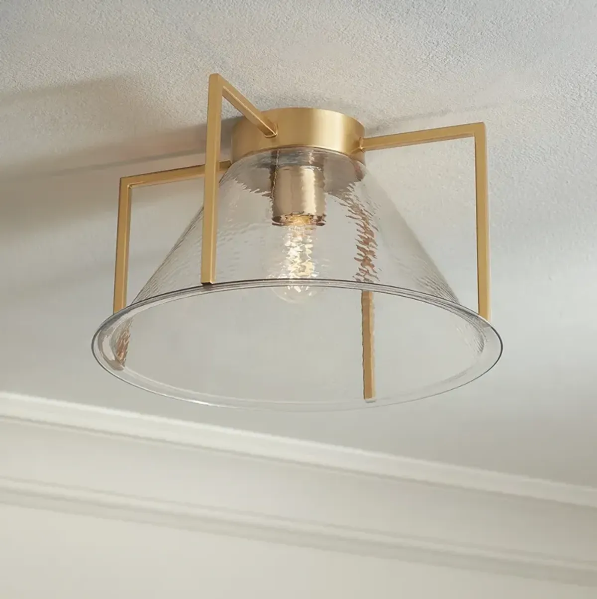 Possini Euro Ellsmere 15"W Warm Brass Ceiling Light with Hammer Glass