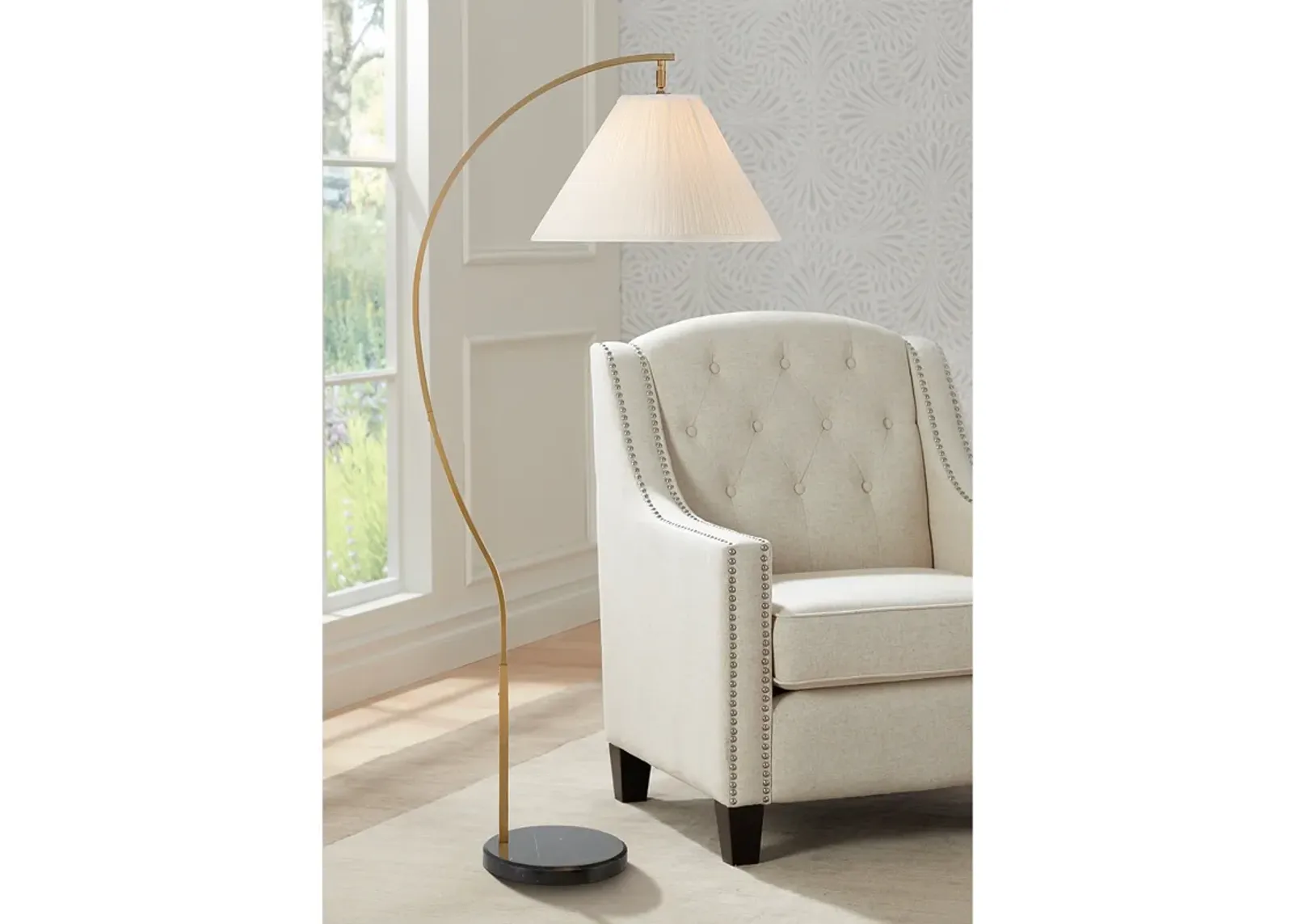 Possini Euro Sway Warm Gold Chairside Arc Floor Lamp with Black Marble Base