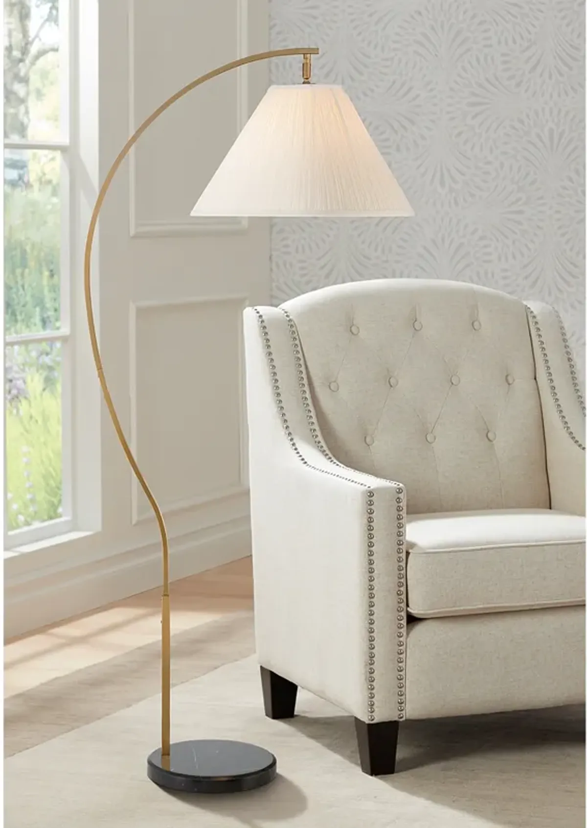 Possini Euro Sway Warm Gold Chairside Arc Floor Lamp with Black Marble Base