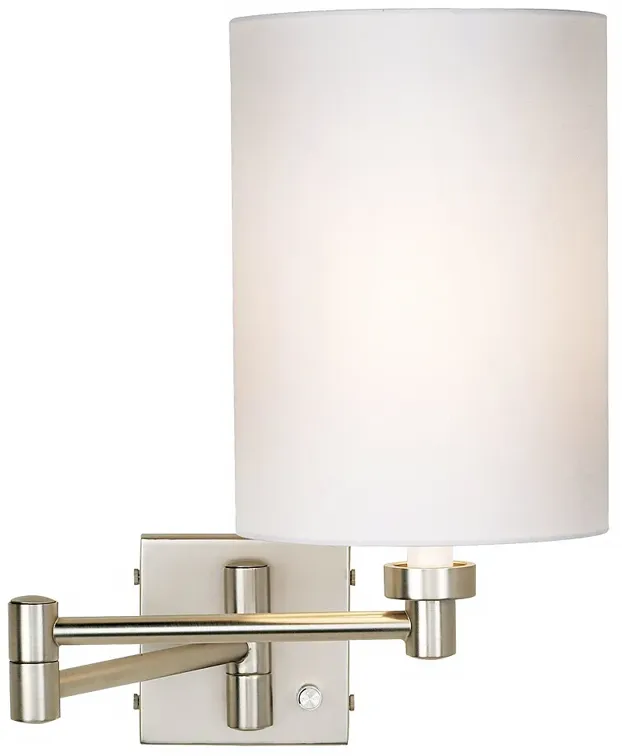 Possini Euro Brushed Nickel White Cylinder Plug-In Swing Arm Wall Lamp