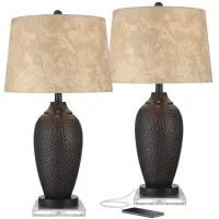 Kaly Hammered Oiled Bronze Table USB Lamps With 7" Square Risers