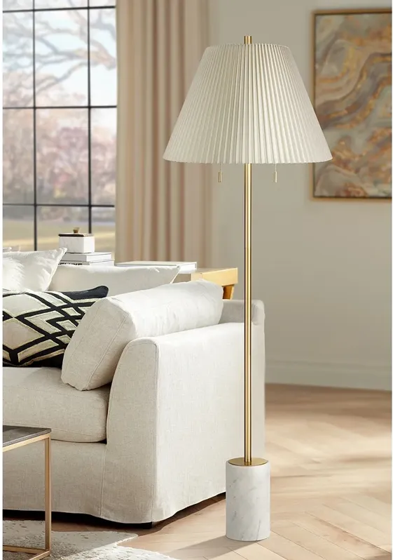 Possini Euro Milan 66" Gold and Marble Floor Lamp with Pleated Shade