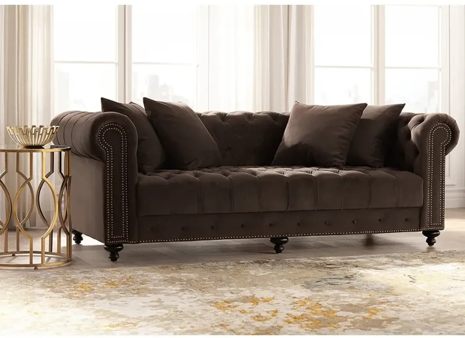 Jules 90"W Chocolate Brown Velvet Tufted Chesterfield Sofa