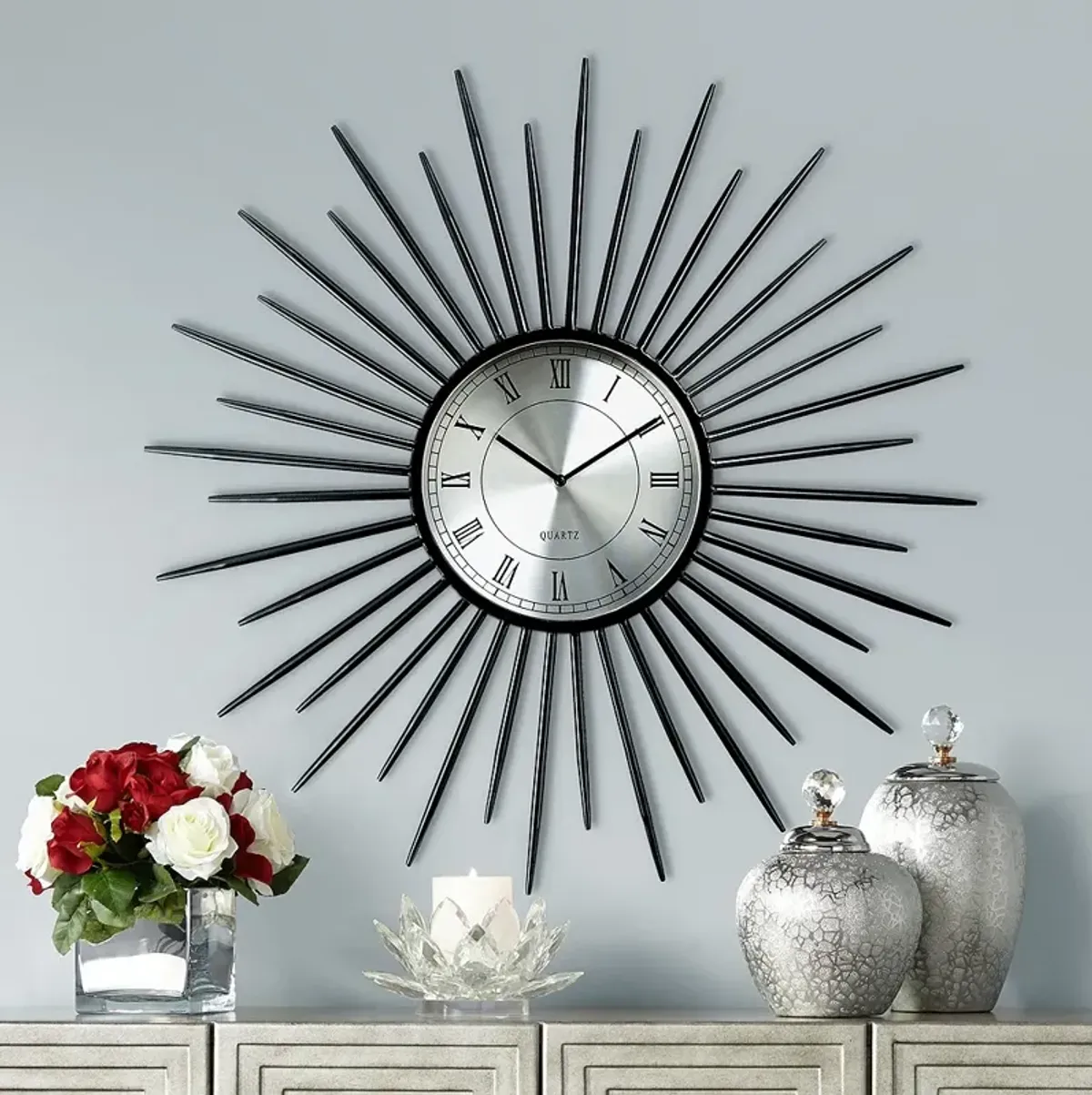 Castallia Black 28" Round Metal Sunburst Wall Clock