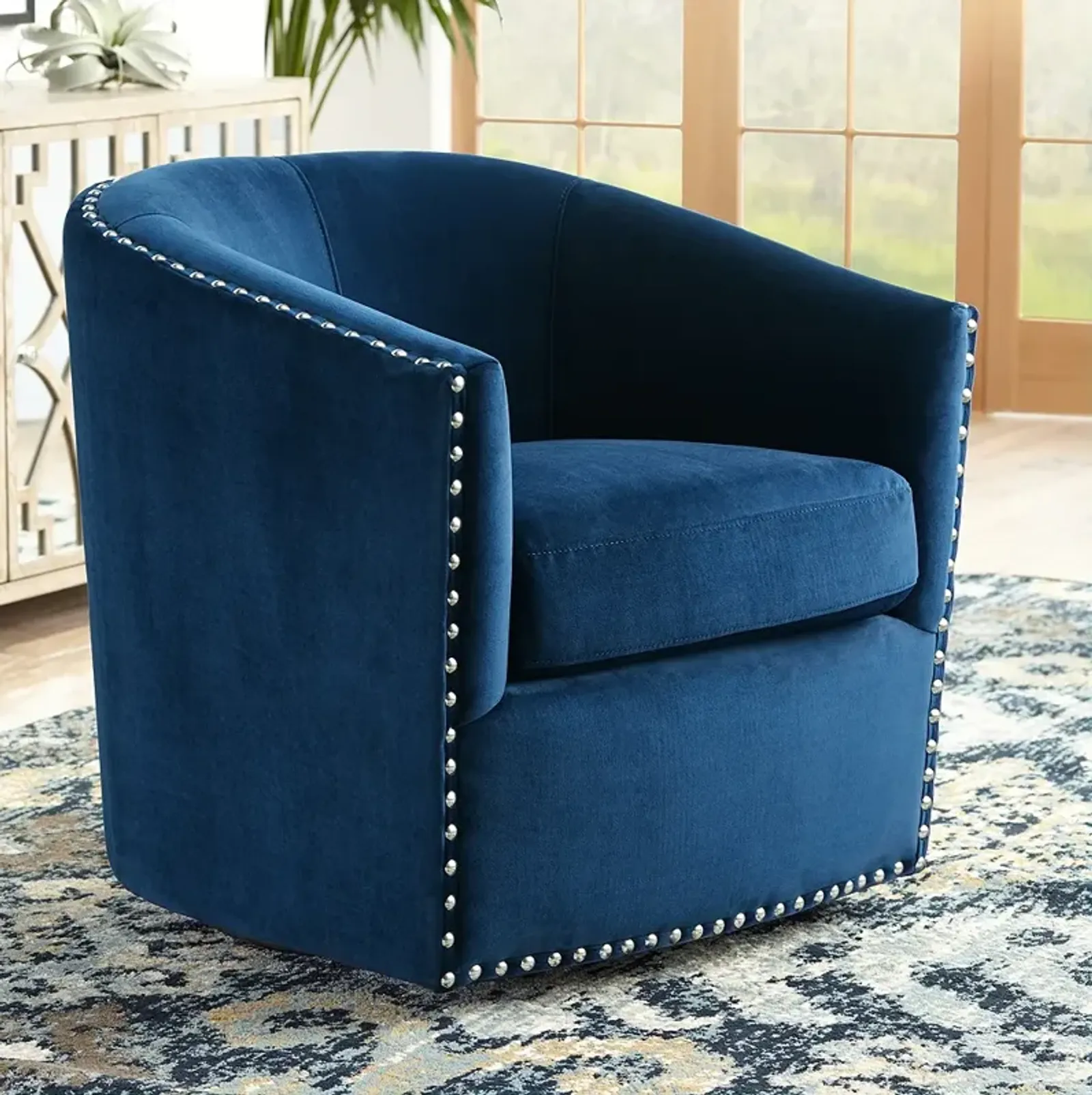 Studio 55D Fullerton Nail Head Trim Navy Blue Swivel Accent Chair