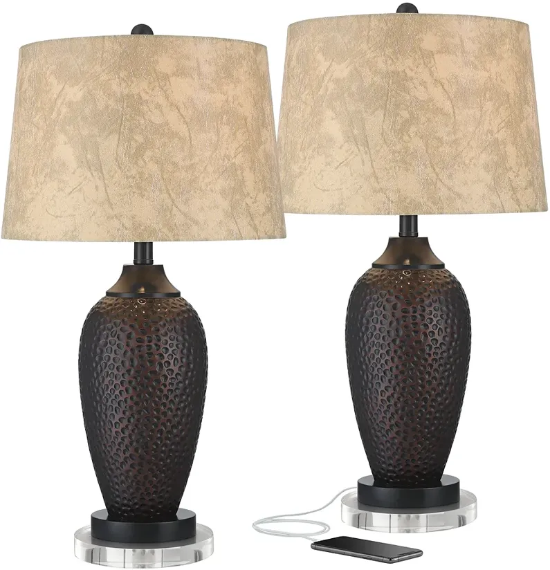 Franklin Iron Works Hammered Bronze USB Table Lamps with Acrylic Risers