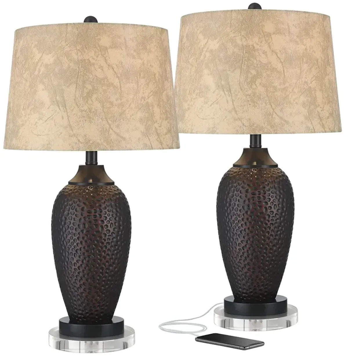 Franklin Iron Works Hammered Bronze USB Table Lamps with Acrylic Risers