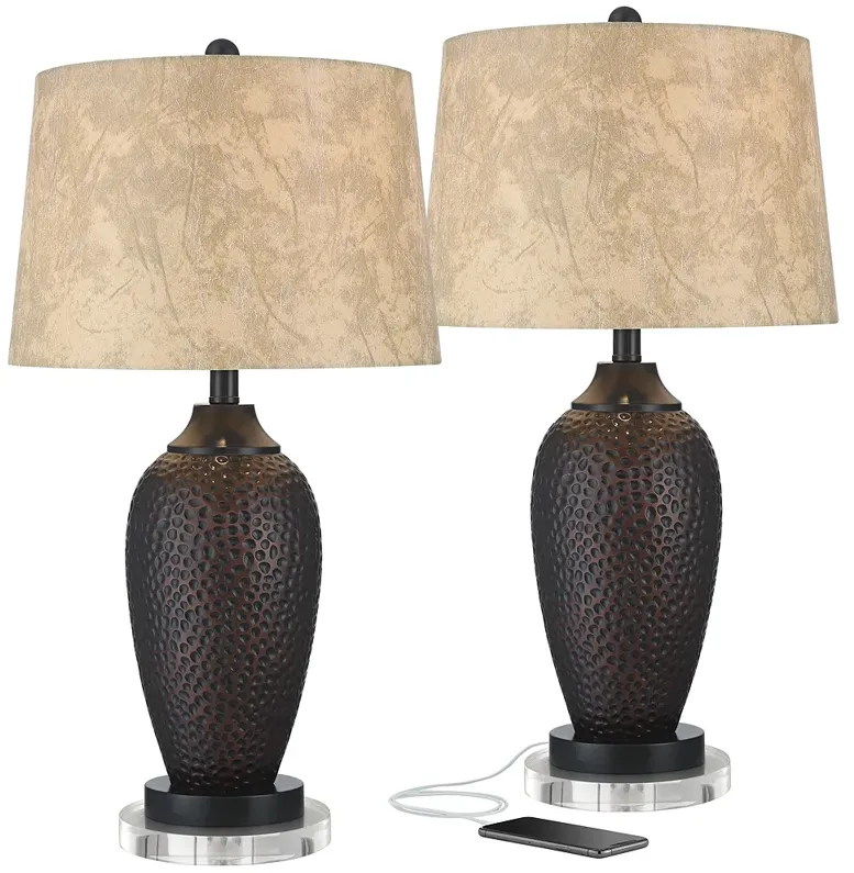 Franklin Iron Works Hammered Bronze USB Table Lamps with Acrylic Risers