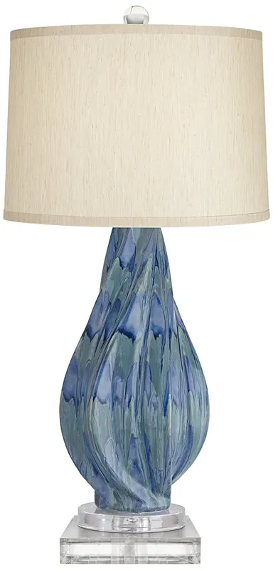 Possini Euro Teresa Blue Drip Ceramic Lamp With 8" Wide Square Riser