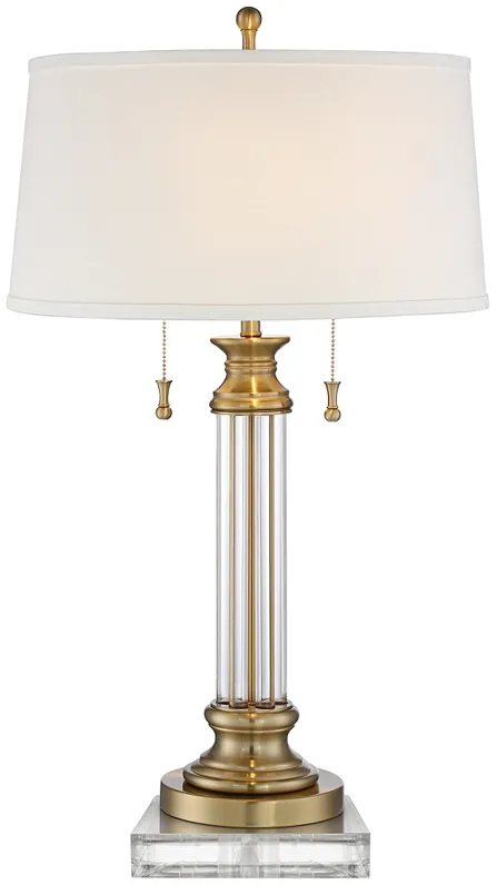 Rolland Antique Brass and Glass Column Lamp With 8" Wide Square Riser