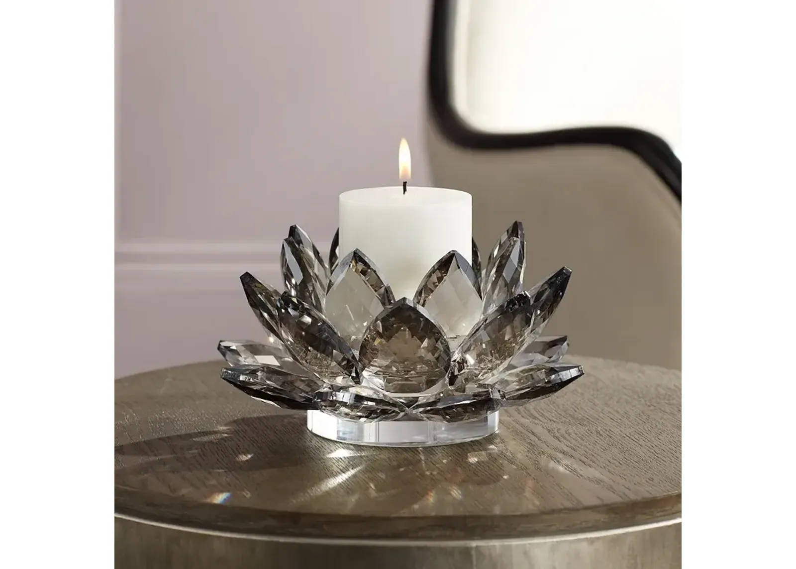 Gray Glass 9 1/4" Wide Crystal Lotus Candle Holder