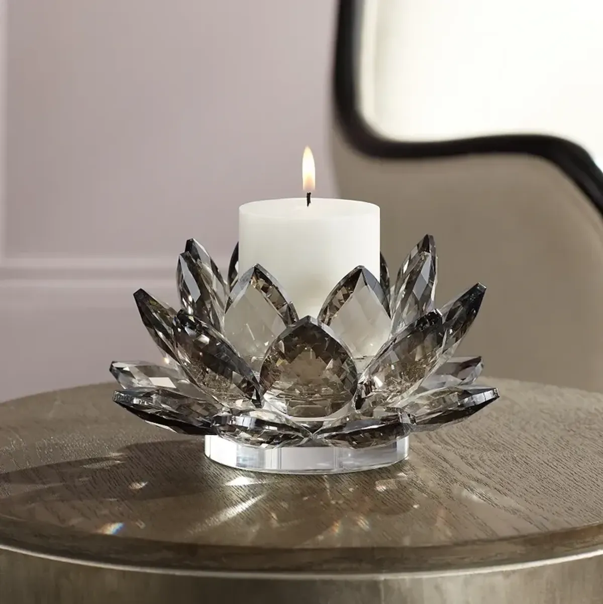 Gray Glass 9 1/4" Wide Crystal Lotus Candle Holder