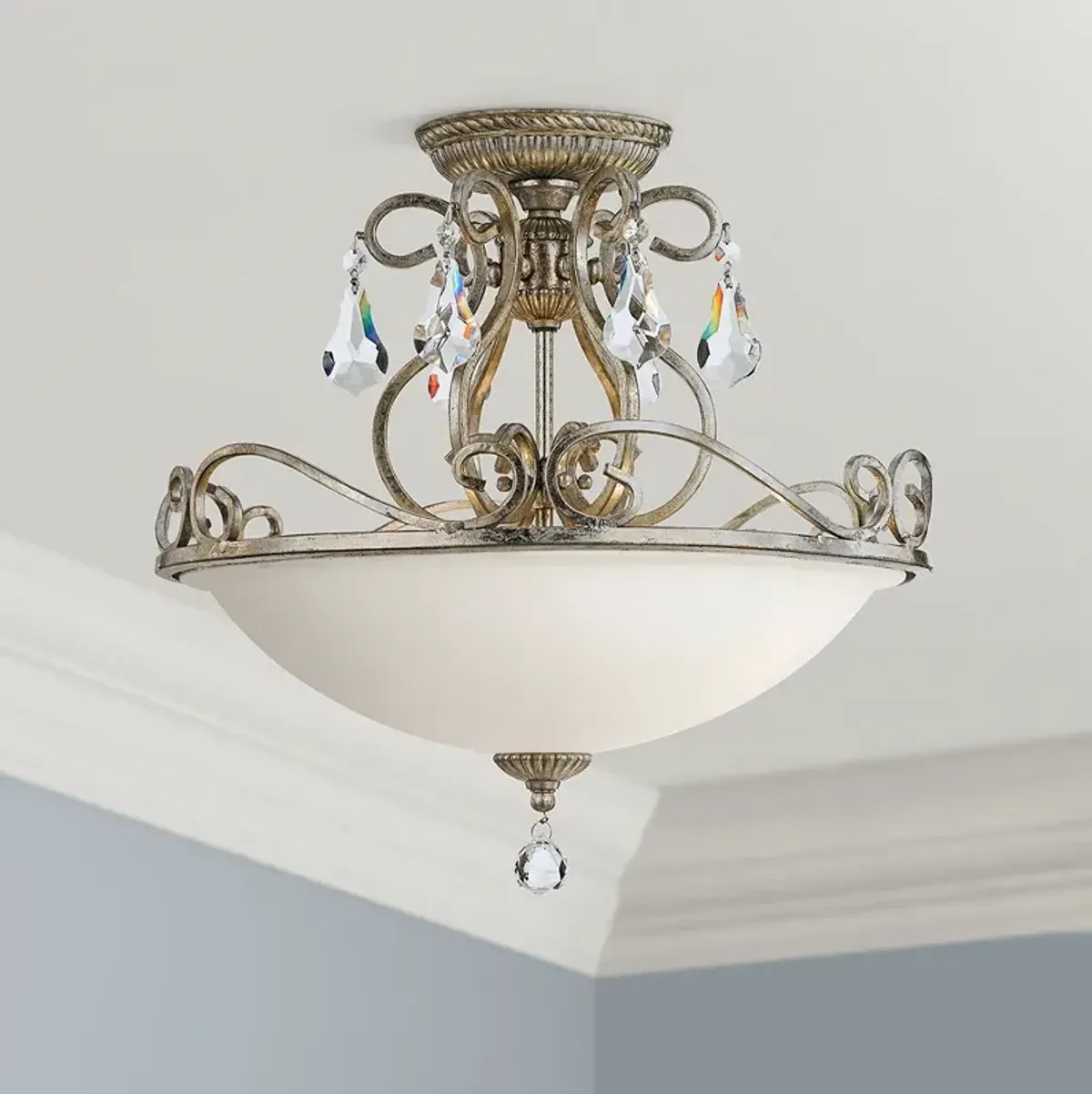 Crystorama Ashton 16 1/2" Silver Scrolls and Crystal Ceiling Light