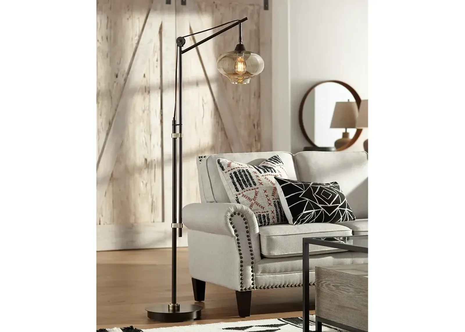 Franklin Iron Works Calyx 66" Cognac Glass and Bronze LED Floor Lamp