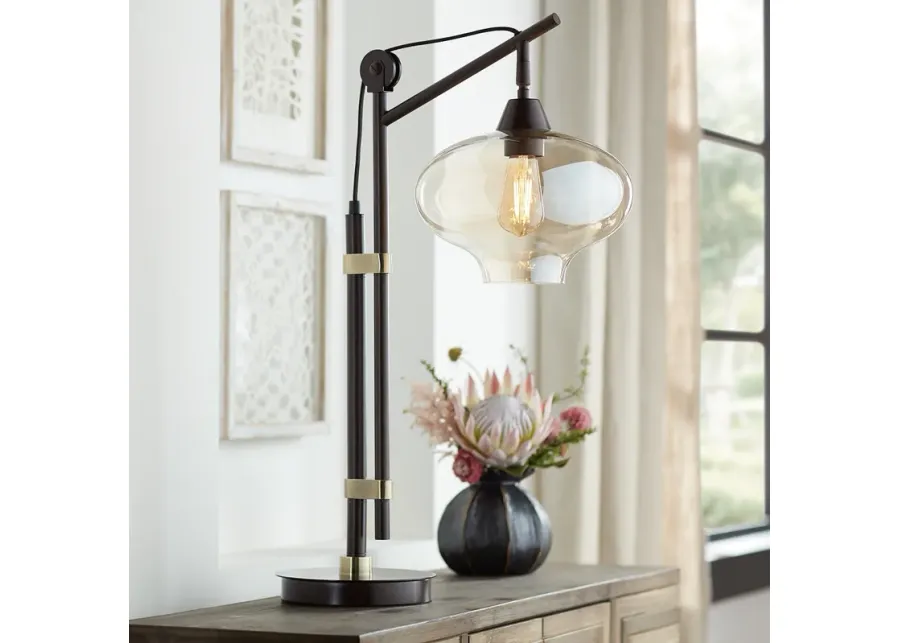 Franklin Iron Calyx Bronze and Cognac Glass Industrial Pulley Table Lamp