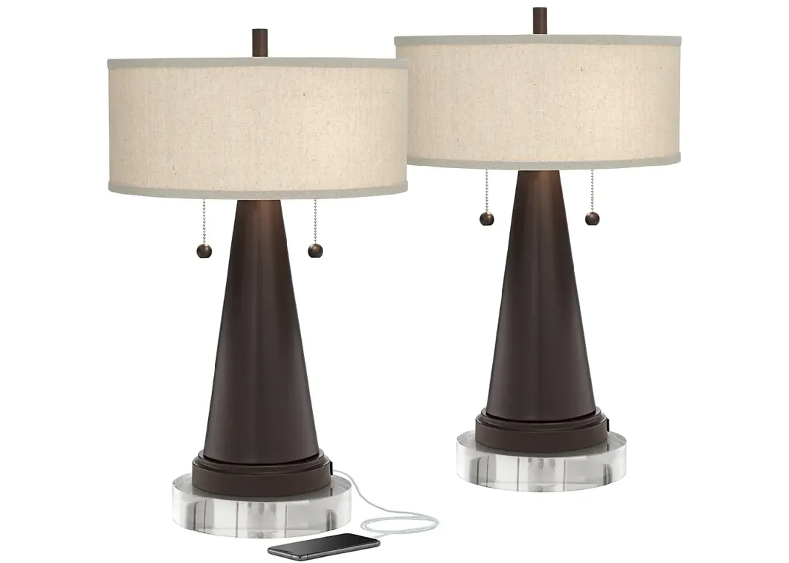 Franklin Iron Works Bronze USB Table Lamps With with Round Risers