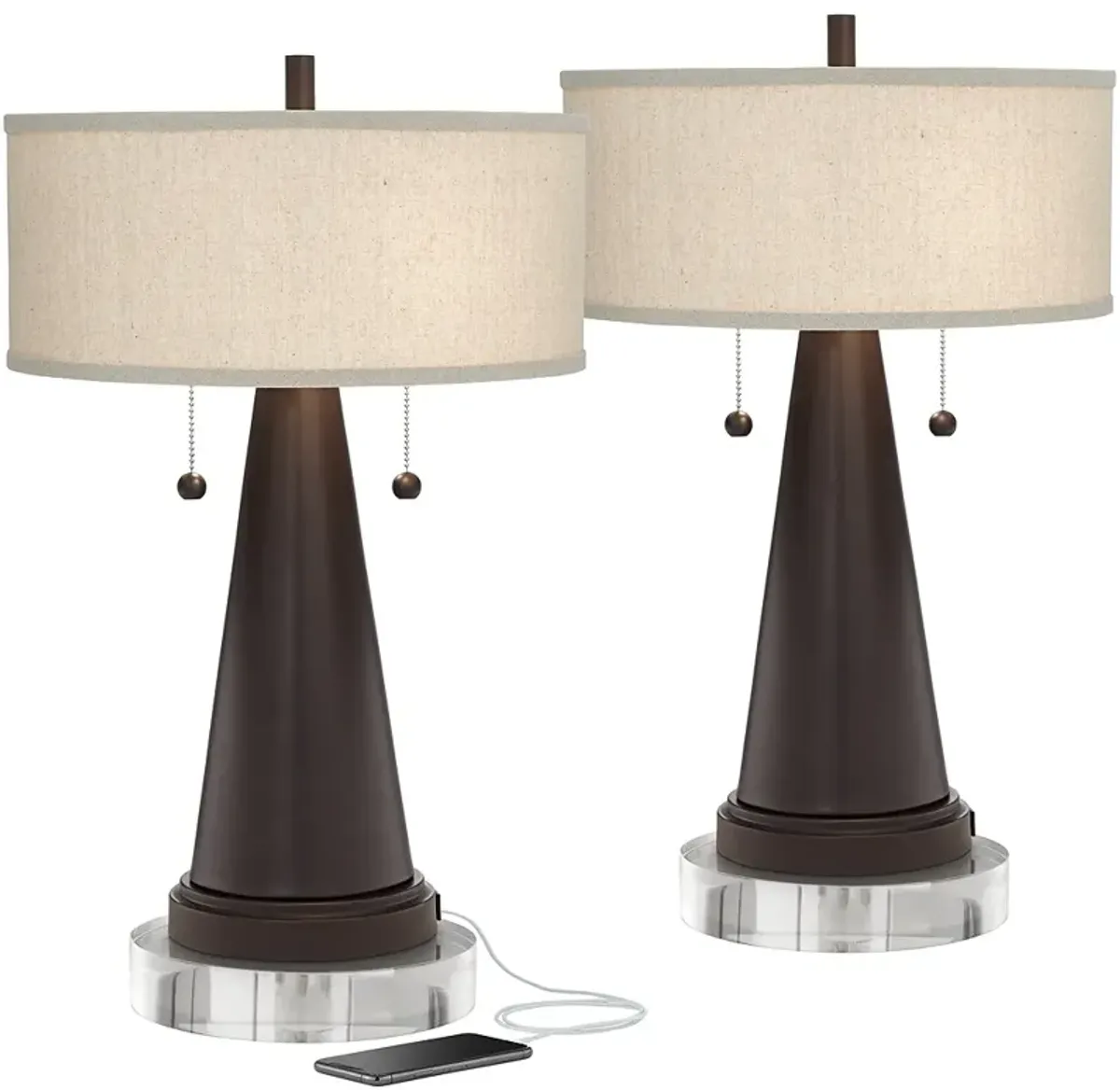 Franklin Iron Works Bronze USB Table Lamps With with Round Risers