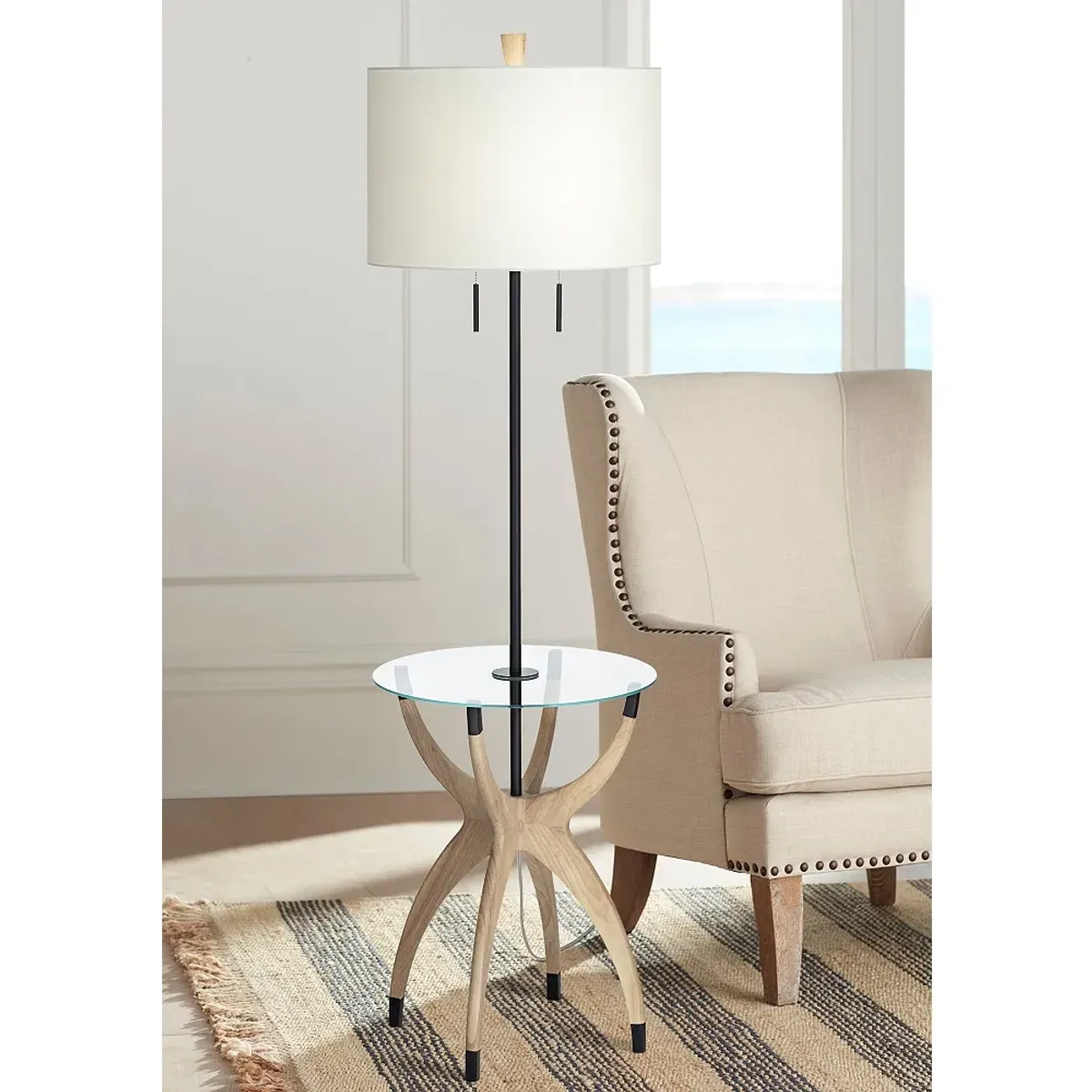 Possini Euro Vanguard 64" Light Oak Modern Glass Tray Floor Lamp